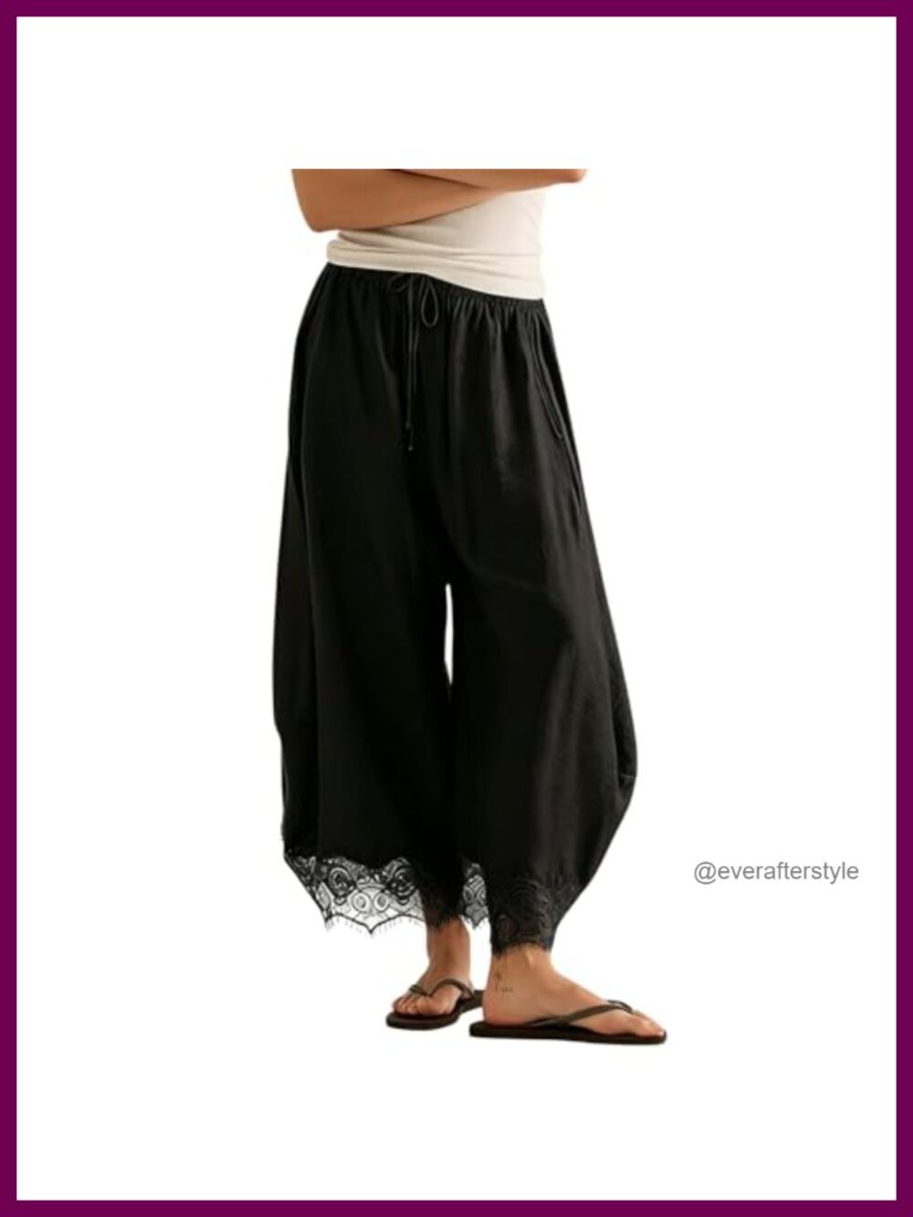 Women's Lace Hem Wide Leg Palazzo Pants Drawstring High Waist Beach Trousers